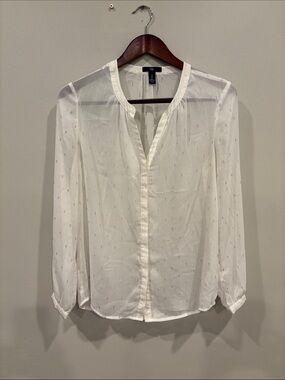 GAP White Sheer Dot-Texture Split-Neck Blouse